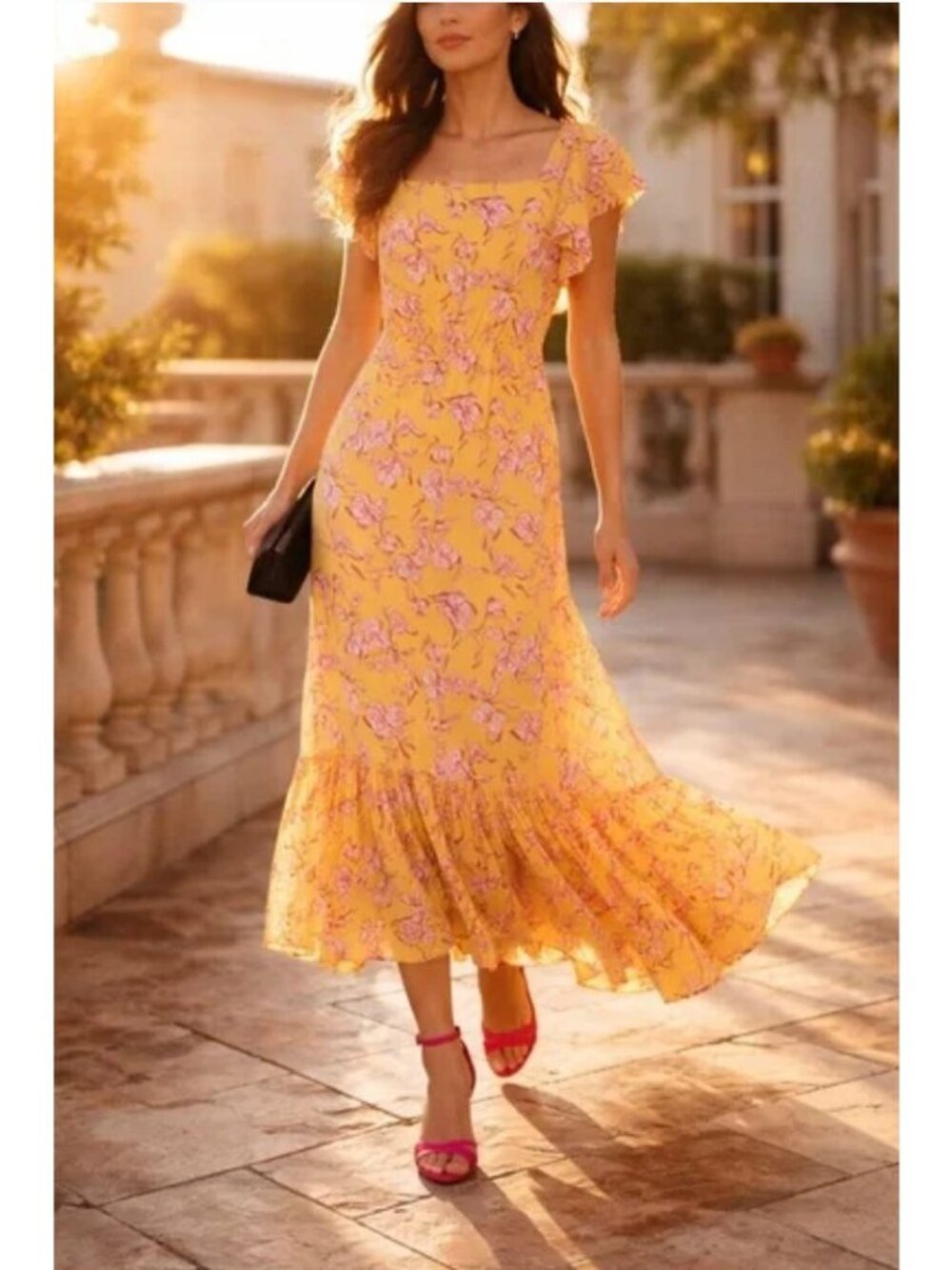 Sachin + Babi Yellow Flutter Sleeve Floral Dress Yellow Pink Spring Summer US 6